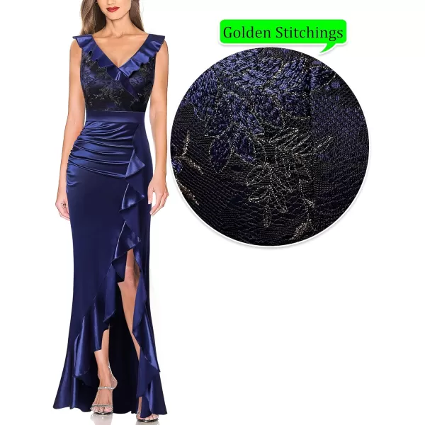 VFSHOW Womens Ruffle V Neck Floral Embroidery Ruched Split Formal Evening Maxi DressBlue