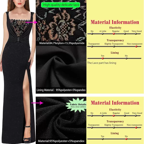 VFSHOW Womens Scalloped Square Neck Bow Waist Floral Lace Split Formal Evening Maxi DressShiny Black  Orange Floral Lace