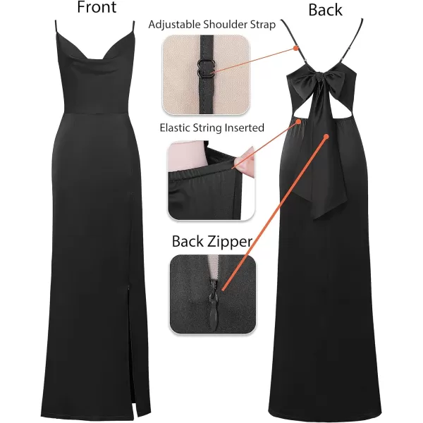 VFSHOW Womens Sexy Backless Drape Cowl Neck Formal Prom Maxi Dress 2023 Spaghetti Strap Bow Tie Satin Split Evening Long GownBlack