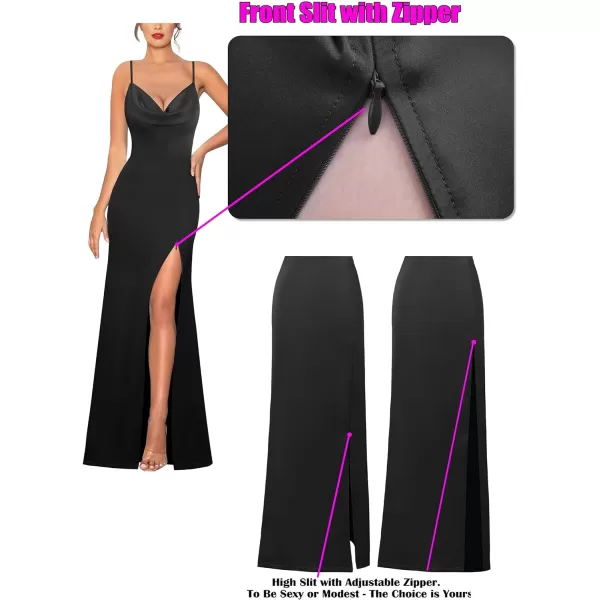 VFSHOW Womens Sexy Backless Drape Cowl Neck Formal Prom Maxi Dress 2023 Spaghetti Strap Bow Tie Satin Split Evening Long GownBlack