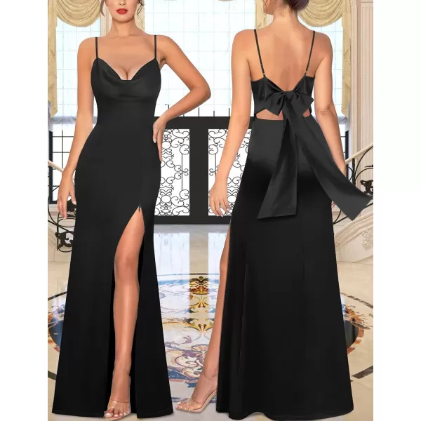 VFSHOW Womens Sexy Backless Drape Cowl Neck Formal Prom Maxi Dress 2023 Spaghetti Strap Bow Tie Satin Split Evening Long GownBlack