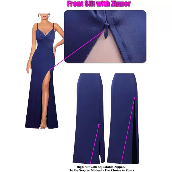 VFSHOW Womens Sexy Backless Drape Cowl Neck Formal Prom Maxi Dress 2023 Spaghetti Strap Bow Tie Satin Split Evening Long GownNavy Blue