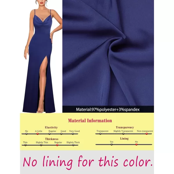 VFSHOW Womens Sexy Backless Drape Cowl Neck Formal Prom Maxi Dress 2023 Spaghetti Strap Bow Tie Satin Split Evening Long GownNavy Blue