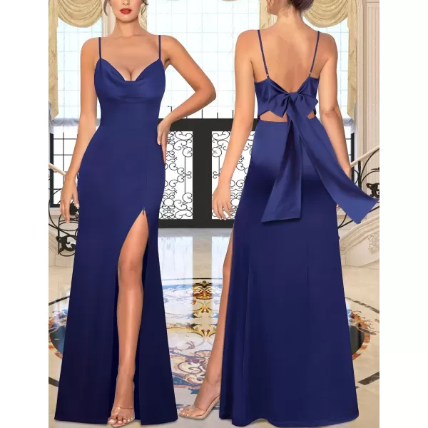 VFSHOW Womens Sexy Backless Drape Cowl Neck Formal Prom Maxi Dress 2023 Spaghetti Strap Bow Tie Satin Split Evening Long GownNavy Blue