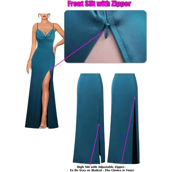 VFSHOW Womens Sexy Backless Drape Cowl Neck Formal Prom Maxi Dress 2023 Spaghetti Strap Bow Tie Satin Split Evening Long GownTeal