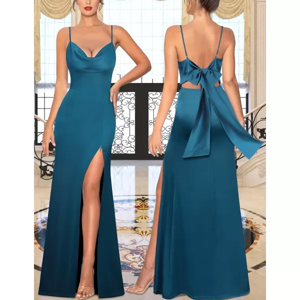 VFSHOW Womens Sexy Backless Drape Cowl Neck Formal Prom Maxi Dress 2023 Spaghetti Strap Bow Tie Satin Split Evening Long GownTeal