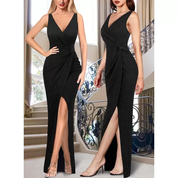 VFSHOW Womens Sexy Backless Ruched Formal Deep V Neck Spaghetti Strap Maxi Dress Evening Prom 2023 Tulip Hem Split Long GownSparkly Black