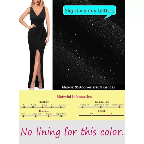 VFSHOW Womens Sexy Backless Ruched Formal Deep V Neck Spaghetti Strap Maxi Dress Evening Prom 2023 Tulip Hem Split Long GownSparkly Black