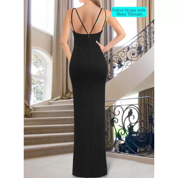 VFSHOW Womens Sexy Backless Ruched Formal Deep V Neck Spaghetti Strap Maxi Dress Evening Prom 2023 Tulip Hem Split Long GownSparkly Black