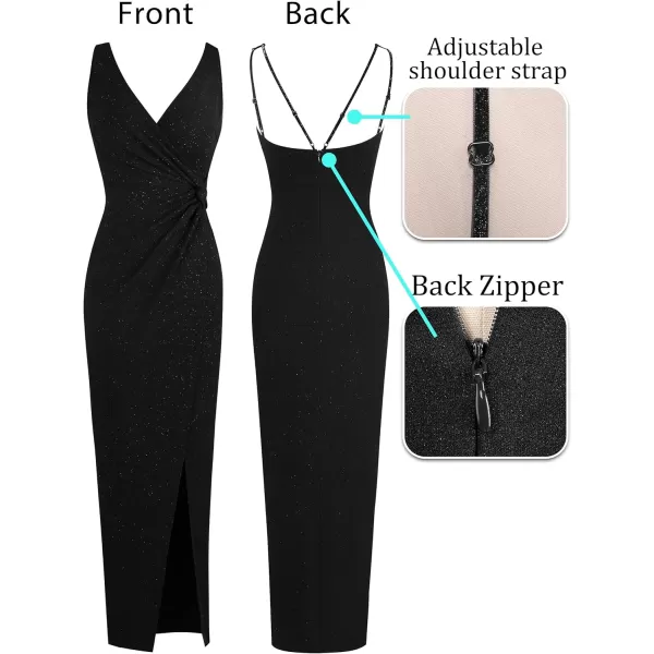 VFSHOW Womens Sexy Backless Ruched Formal Deep V Neck Spaghetti Strap Maxi Dress Evening Prom 2023 Tulip Hem Split Long GownSparkly Black