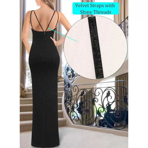 VFSHOW Womens Sexy Backless Ruched Formal Deep V Neck Spaghetti Strap Maxi Dress Evening Prom 2023 Tulip Hem Split Long GownSparkly Black