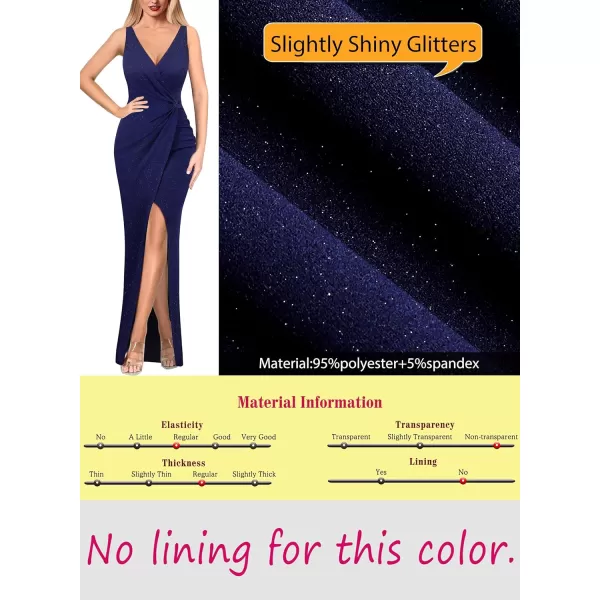 VFSHOW Womens Sexy Backless Ruched Formal Deep V Neck Spaghetti Strap Maxi Dress Evening Prom 2023 Tulip Hem Split Long GownSparkly Navy Blue