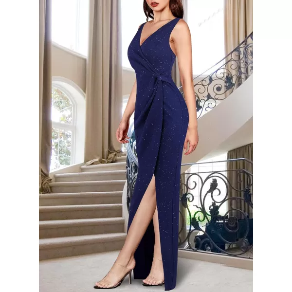 VFSHOW Womens Sexy Backless Ruched Formal Deep V Neck Spaghetti Strap Maxi Dress Evening Prom 2023 Tulip Hem Split Long GownSparkly Navy Blue