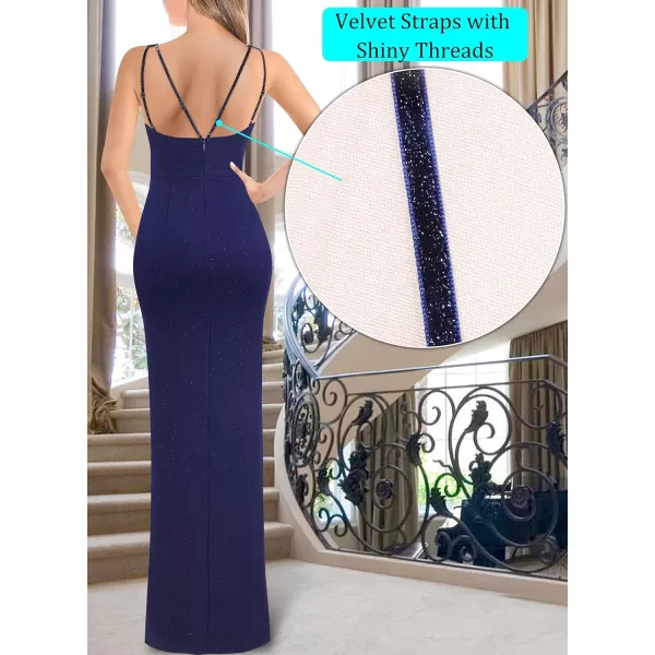 VFSHOW Womens Sexy Backless Ruched Formal Deep V Neck Spaghetti Strap Maxi Dress Evening Prom 2023 Tulip Hem Split Long GownSparkly Navy Blue