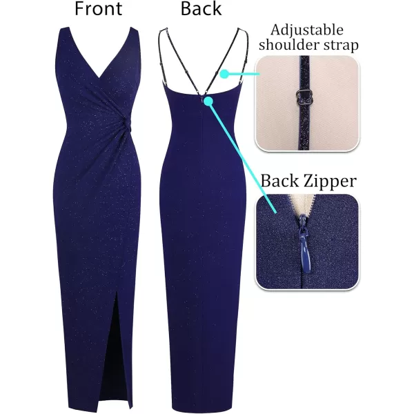 VFSHOW Womens Sexy Backless Ruched Formal Deep V Neck Spaghetti Strap Maxi Dress Evening Prom 2023 Tulip Hem Split Long GownSparkly Navy Blue