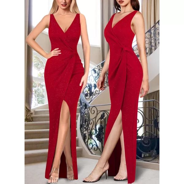 VFSHOW Womens Sexy Backless Ruched Formal Deep V Neck Spaghetti Strap Maxi Dress Evening Prom 2023 Tulip Hem Split Long GownSparkly Red