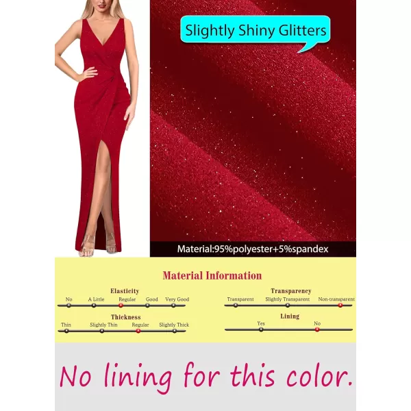 VFSHOW Womens Sexy Backless Ruched Formal Deep V Neck Spaghetti Strap Maxi Dress Evening Prom 2023 Tulip Hem Split Long GownSparkly Red