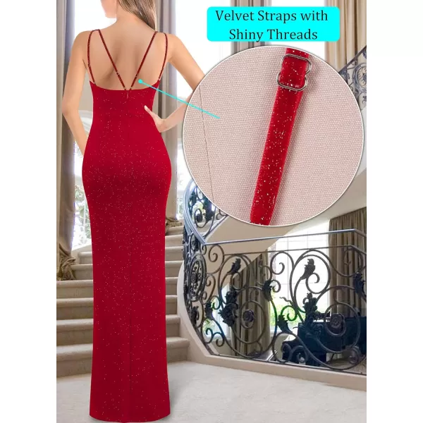 VFSHOW Womens Sexy Backless Ruched Formal Deep V Neck Spaghetti Strap Maxi Dress Evening Prom 2023 Tulip Hem Split Long GownSparkly Red