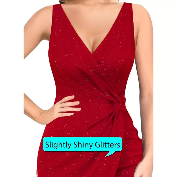 VFSHOW Womens Sexy Backless Ruched Formal Deep V Neck Spaghetti Strap Maxi Dress Evening Prom 2023 Tulip Hem Split Long GownSparkly Red