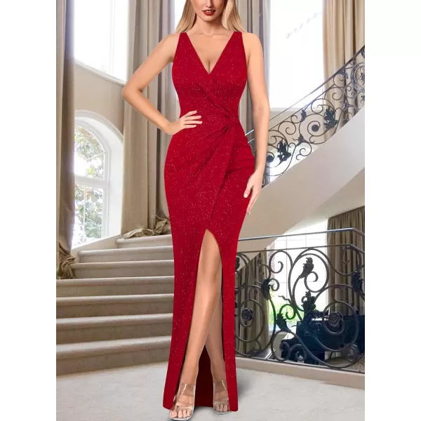 VFSHOW Womens Sexy Backless Ruched Formal Deep V Neck Spaghetti Strap Maxi Dress Evening Prom 2023 Tulip Hem Split Long GownSparkly Red