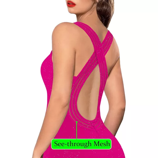 VFSHOW Womens Sexy Deep V Neck Ruched Backless Formal Prom High Slit Maxi Dress 2023 Wedding Guest Long Cocktail Evening GownSparkly Hot Pink