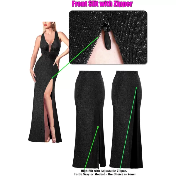 VFSHOW Womens Sexy Deep V Neck Ruched Backless Formal Prom High Slit Maxi Long Dress Wedding Guest Cocktail Evening GownSparkly Black