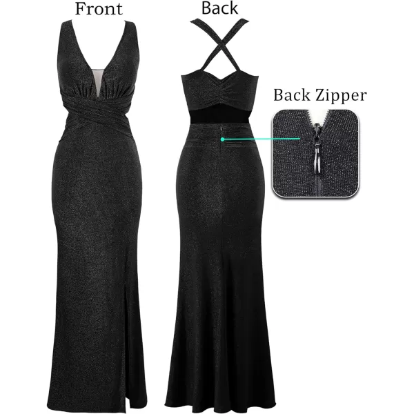 VFSHOW Womens Sexy Deep V Neck Ruched Backless Formal Prom High Slit Maxi Long Dress Wedding Guest Cocktail Evening GownSparkly Black