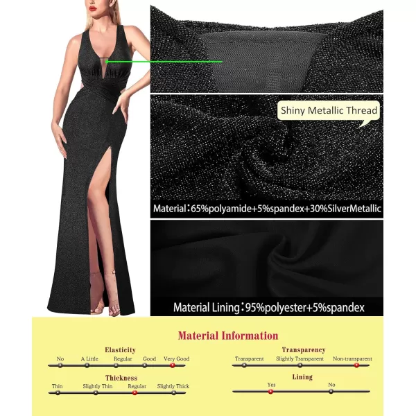 VFSHOW Womens Sexy Deep V Neck Ruched Backless Formal Prom High Slit Maxi Long Dress Wedding Guest Cocktail Evening GownSparkly Black