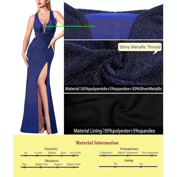 VFSHOW Womens Sexy Deep V Neck Ruched Backless Formal Prom High Slit Maxi Long Dress Wedding Guest Cocktail Evening GownSparkly Blue