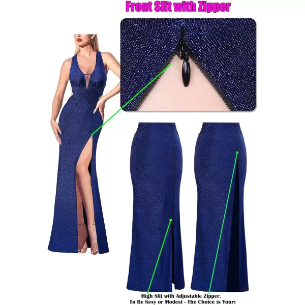 VFSHOW Womens Sexy Deep V Neck Ruched Backless Formal Prom High Slit Maxi Long Dress Wedding Guest Cocktail Evening GownSparkly Blue