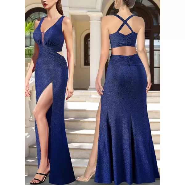 VFSHOW Womens Sexy Deep V Neck Ruched Backless Formal Prom High Slit Maxi Long Dress Wedding Guest Cocktail Evening GownSparkly Blue