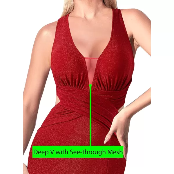 VFSHOW Womens Sexy Deep V Neck Ruched Backless Formal Prom High Slit Maxi Long Dress Wedding Guest Cocktail Evening GownSparkly Red