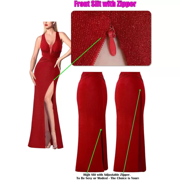 VFSHOW Womens Sexy Deep V Neck Ruched Backless Formal Prom High Slit Maxi Long Dress Wedding Guest Cocktail Evening GownSparkly Red