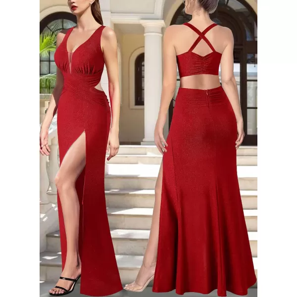 VFSHOW Womens Sexy Deep V Neck Ruched Backless Formal Prom High Slit Maxi Long Dress Wedding Guest Cocktail Evening GownSparkly Red