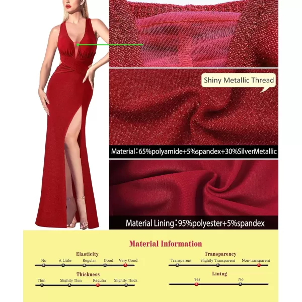 VFSHOW Womens Sexy Deep V Neck Ruched Backless Formal Prom High Slit Maxi Long Dress Wedding Guest Cocktail Evening GownSparkly Red