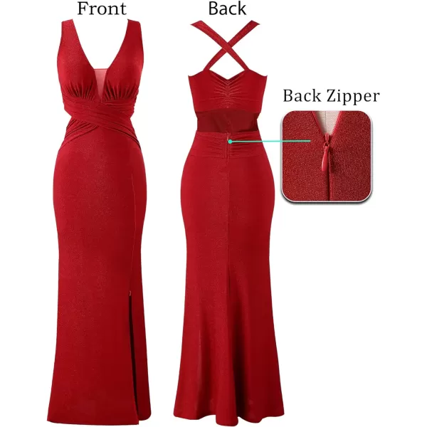 VFSHOW Womens Sexy Deep V Neck Ruched Backless Formal Prom High Slit Maxi Long Dress Wedding Guest Cocktail Evening GownSparkly Red