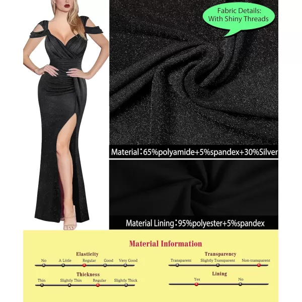 VFSHOW Womens Sexy Deep V Neck Ruched High Slit Formal Prom Maxi Dress 2023 Cold Shoulder Special Occasion Evening Long GownSparkly Black4