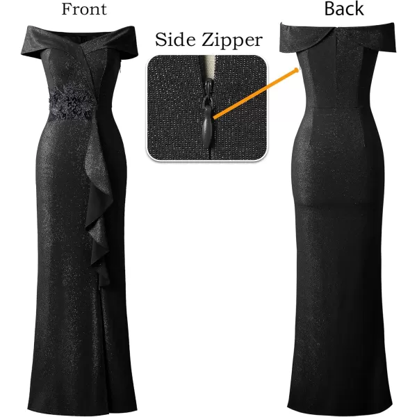 VFSHOW Womens Sexy Elegant Formal Prom Off Shoulder Ruffle High Slit Maxi Dress 2023 3D Flower Applique Cocktail Evening Gown3sparkly Black