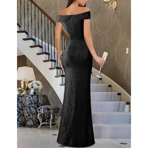 VFSHOW Womens Sexy Elegant Formal Prom Off Shoulder Ruffle High Slit Maxi Dress 2023 3D Flower Applique Cocktail Evening Gown3sparkly Black