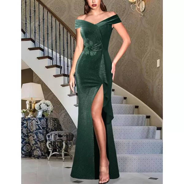 VFSHOW Womens Sexy Elegant Formal Prom Off Shoulder Ruffle High Slit Maxi Dress 2023 3D Flower Applique Cocktail Evening Gown3sparkly Green