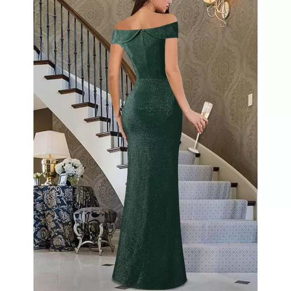 VFSHOW Womens Sexy Elegant Formal Prom Off Shoulder Ruffle High Slit Maxi Dress 2023 3D Flower Applique Cocktail Evening Gown3sparkly Green