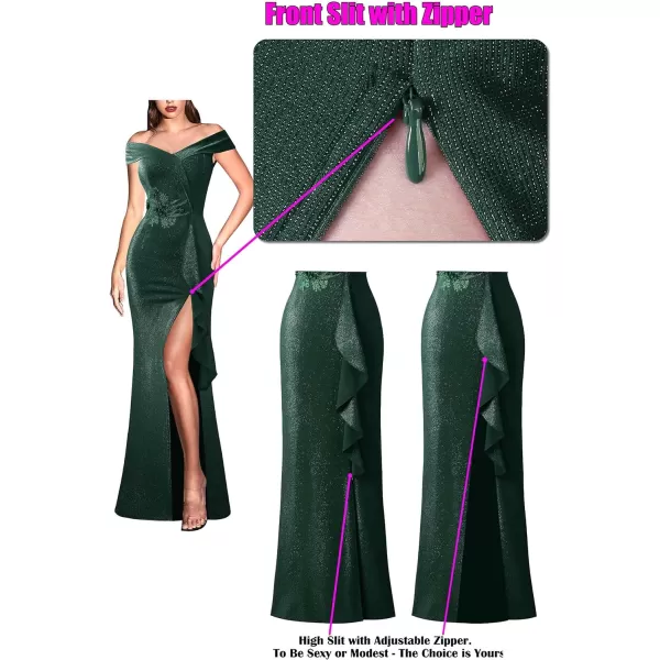 VFSHOW Womens Sexy Elegant Formal Prom Off Shoulder Ruffle High Slit Maxi Dress 2023 3D Flower Applique Cocktail Evening Gown3sparkly Green