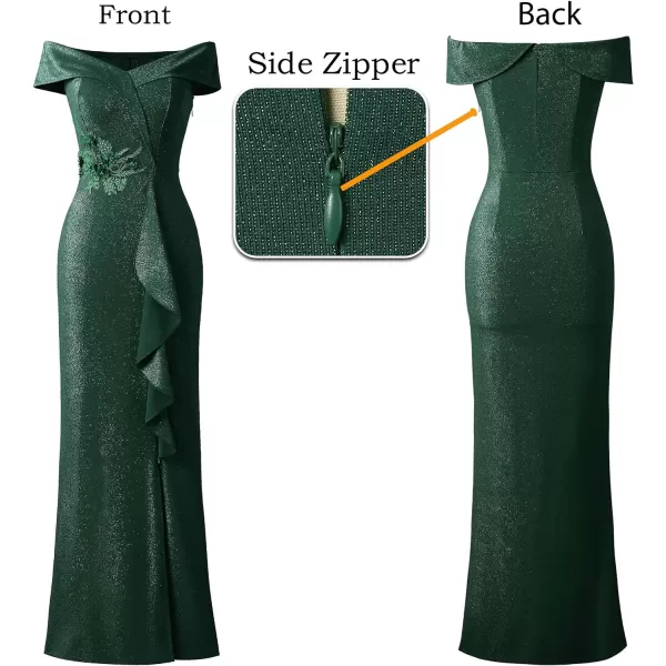 VFSHOW Womens Sexy Elegant Formal Prom Off Shoulder Ruffle High Slit Maxi Dress 2023 3D Flower Applique Cocktail Evening Gown3sparkly Green