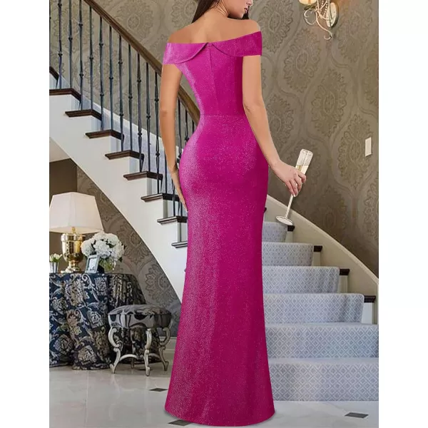 VFSHOW Womens Sexy Elegant Formal Prom Off Shoulder Ruffle High Slit Maxi Dress 2023 3D Flower Applique Cocktail Evening Gown3sparkly Hot Pink