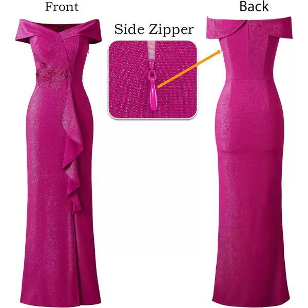 VFSHOW Womens Sexy Elegant Formal Prom Off Shoulder Ruffle High Slit Maxi Dress 2023 3D Flower Applique Cocktail Evening Gown3sparkly Hot Pink