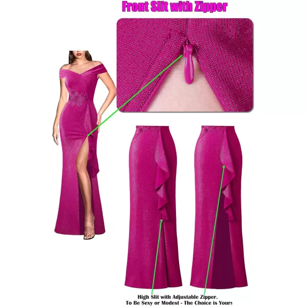 VFSHOW Womens Sexy Elegant Formal Prom Off Shoulder Ruffle High Slit Maxi Dress 2023 3D Flower Applique Cocktail Evening Gown3sparkly Hot Pink