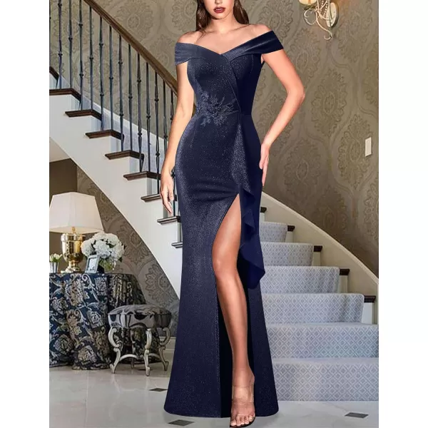 VFSHOW Womens Sexy Elegant Formal Prom Off Shoulder Ruffle High Slit Maxi Dress 2023 3D Flower Applique Cocktail Evening Gown3sparkly Navy Blue