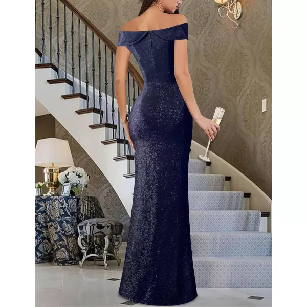 VFSHOW Womens Sexy Elegant Formal Prom Off Shoulder Ruffle High Slit Maxi Dress 2023 3D Flower Applique Cocktail Evening Gown3sparkly Navy Blue