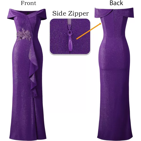 VFSHOW Womens Sexy Elegant Formal Prom Off Shoulder Ruffle High Slit Maxi Dress 2023 3D Flower Applique Cocktail Evening Gown3sparkly Purple