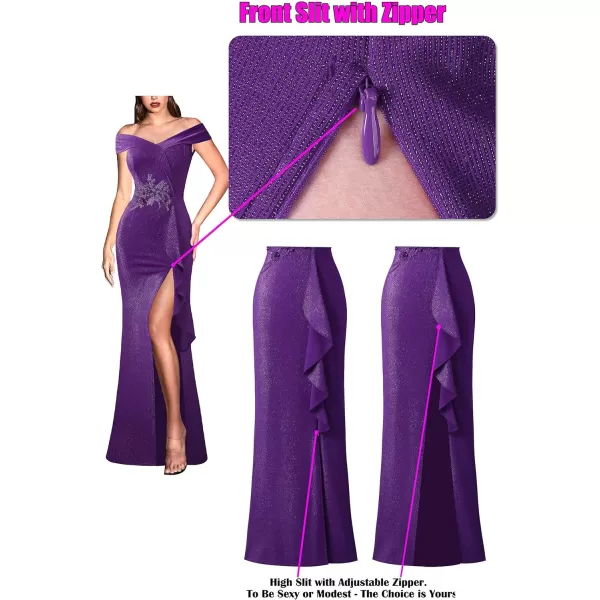 VFSHOW Womens Sexy Elegant Formal Prom Off Shoulder Ruffle High Slit Maxi Dress 2023 3D Flower Applique Cocktail Evening Gown3sparkly Purple